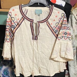Skies Are Blue - Cream Blouse with Colorful Embroidery- gauze 100% cotton